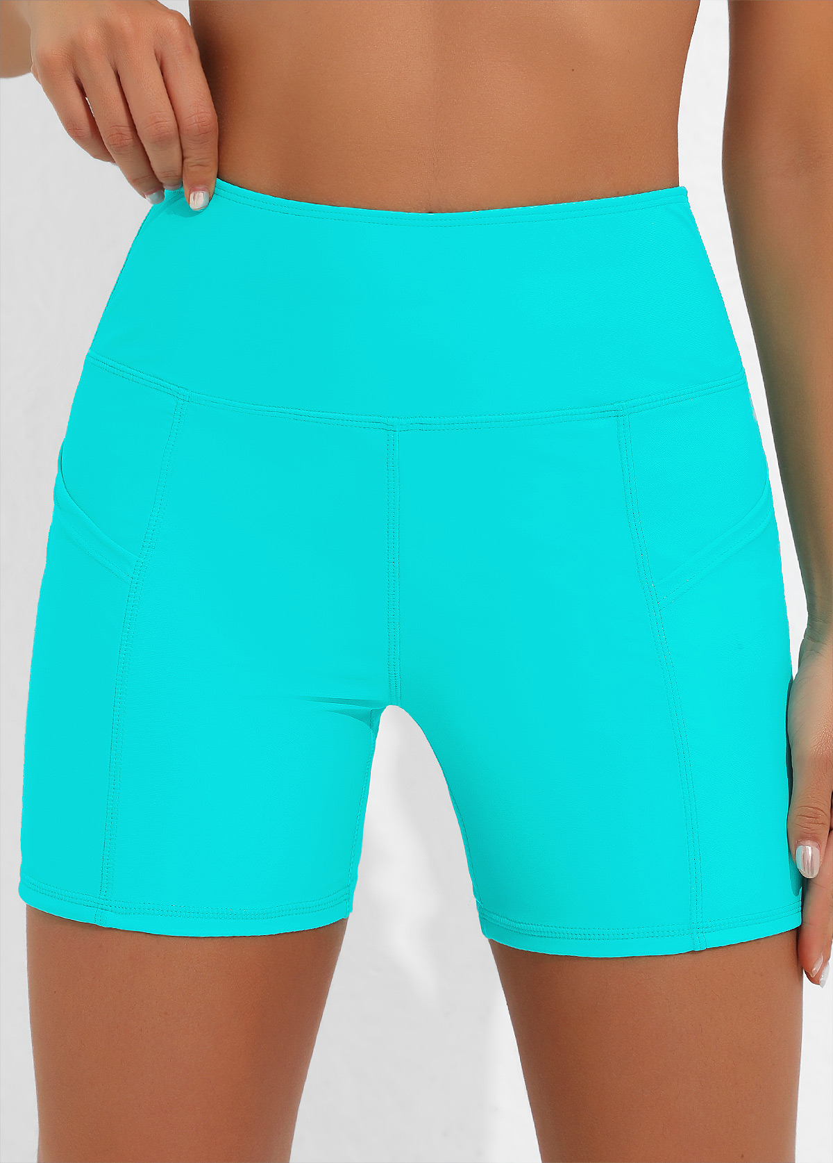 Cyan swimwear,Plain Color swimwear,ROTITA High Waisted Cyan Double Side Pockets Swim Shorts