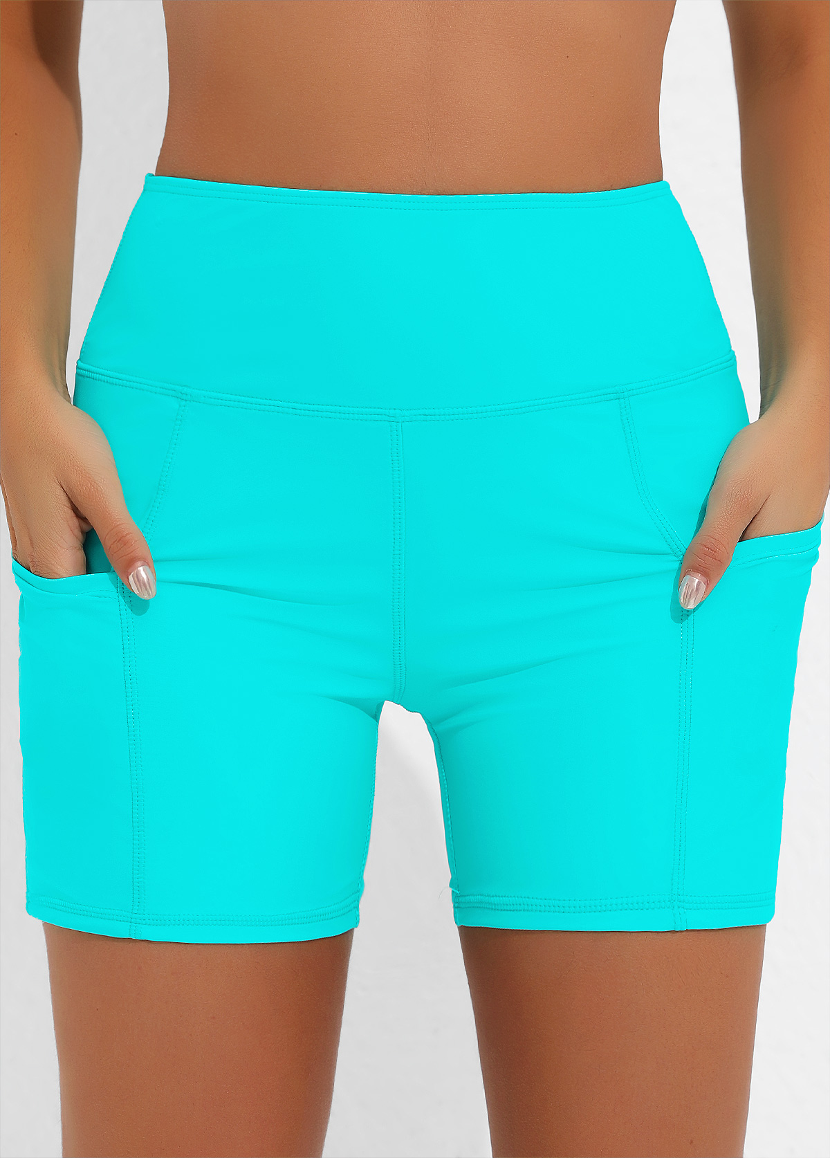 Cyan swimwear,Plain Color swimwear,ROTITA High Waisted Cyan Double Side Pockets Swim Shorts