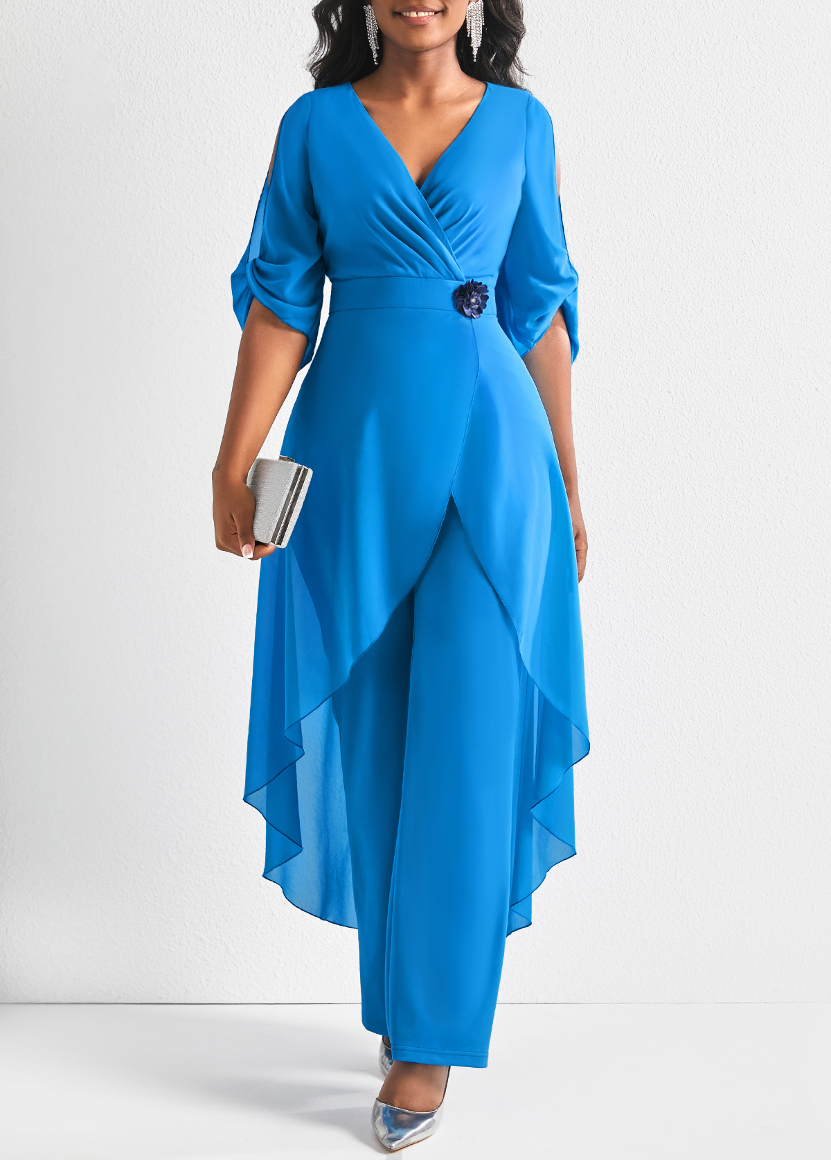 Light Blue jumpsuits&rompers,Plain Color jumpsuits&rompers,ROTITA Lightweight Light Blue Long Straight Leg V Neck Jumpsuit