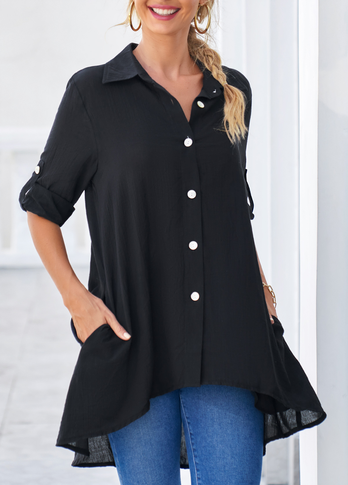 Black tops,Plain Color tops,ROTITA Dip Hem Black Roll Tab Sleeve Button Up Blouse