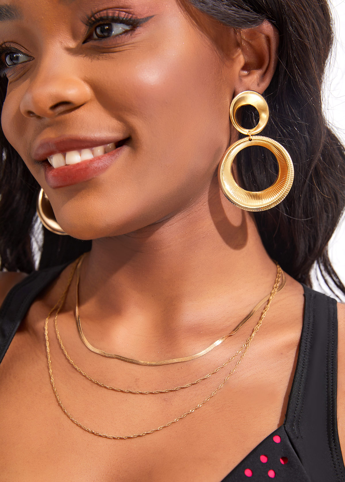 Gold jewelry,Gold Double Circle Design Metal Detail Earrings