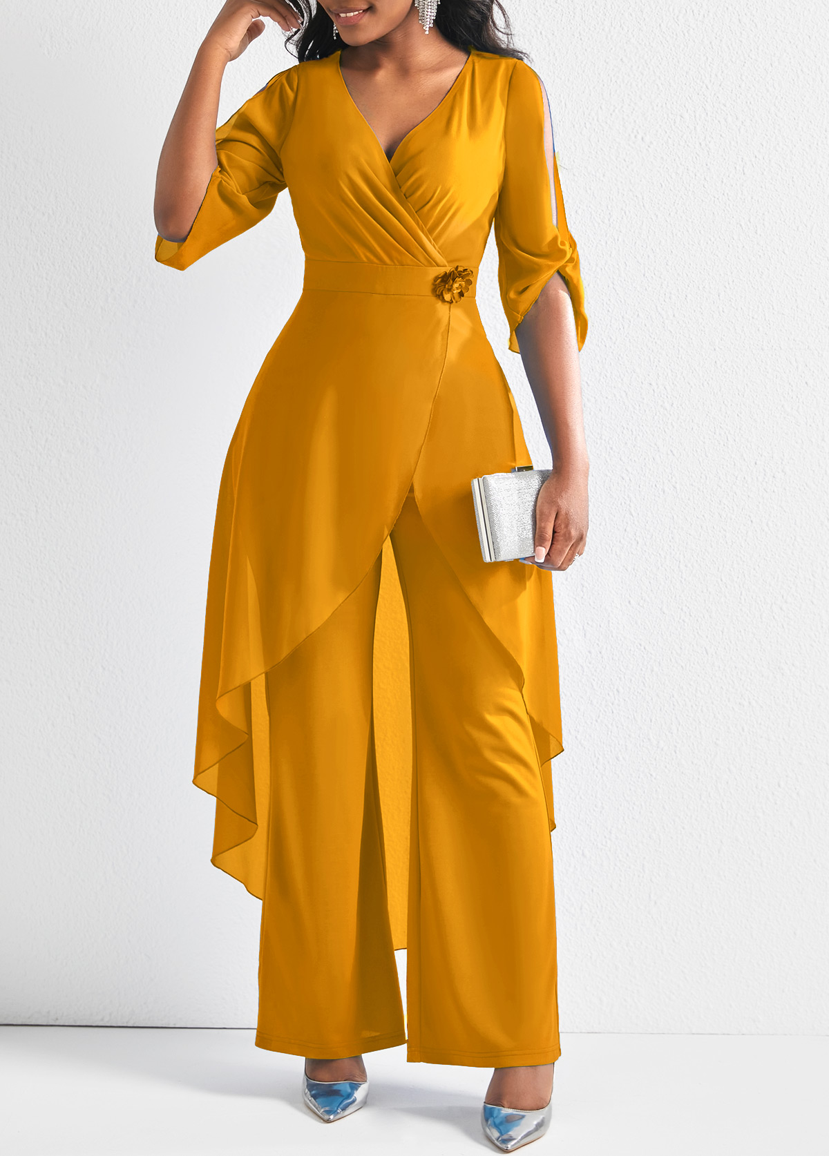 Ginger jumpsuits&rompers,Plain Color jumpsuits&rompers,ROTITA Ginger 3/4 Sleeve Flower Decoration Chiffon Jumpsuit