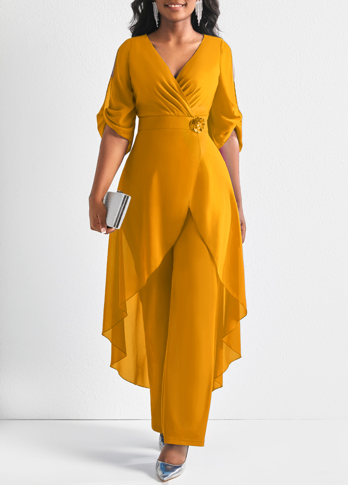 Ginger jumpsuits&rompers,Plain Color jumpsuits&rompers,ROTITA Ginger 3/4 Sleeve Flower Decoration Chiffon Jumpsuit