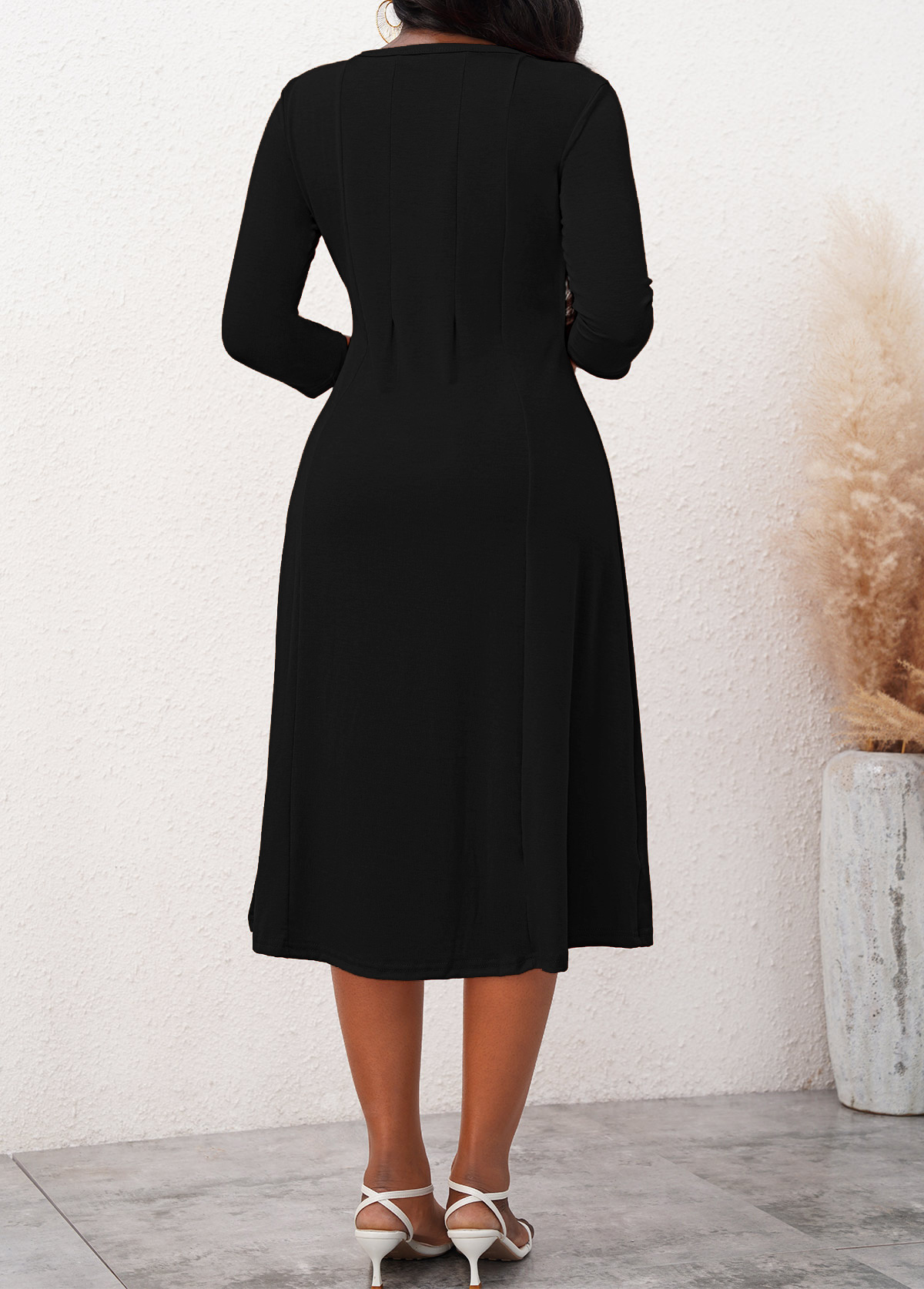 Black dresses,Plain Color dresses,Everyday dresses,Casual dresses,ROTITA Black Round Neck 3/4 Sleeve Dress