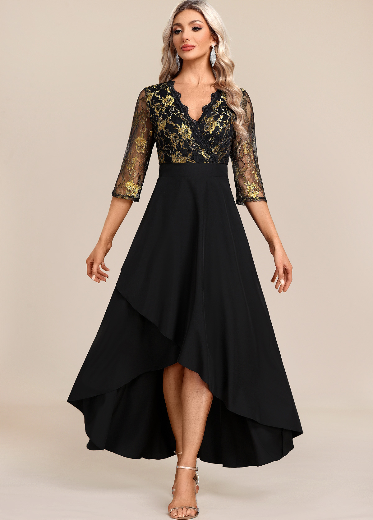 Black dresses,Floral dresses,Party dresses,Elegant dresses,ROTITA Black Floral Lace Patchwork High Low Dress