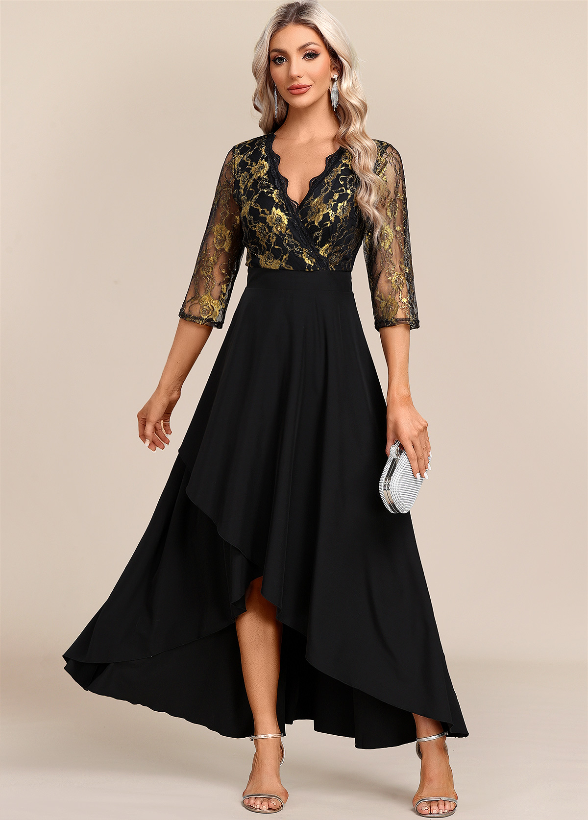 Black dresses,Floral dresses,Party dresses,Elegant dresses,ROTITA Black Floral Lace Patchwork High Low Dress