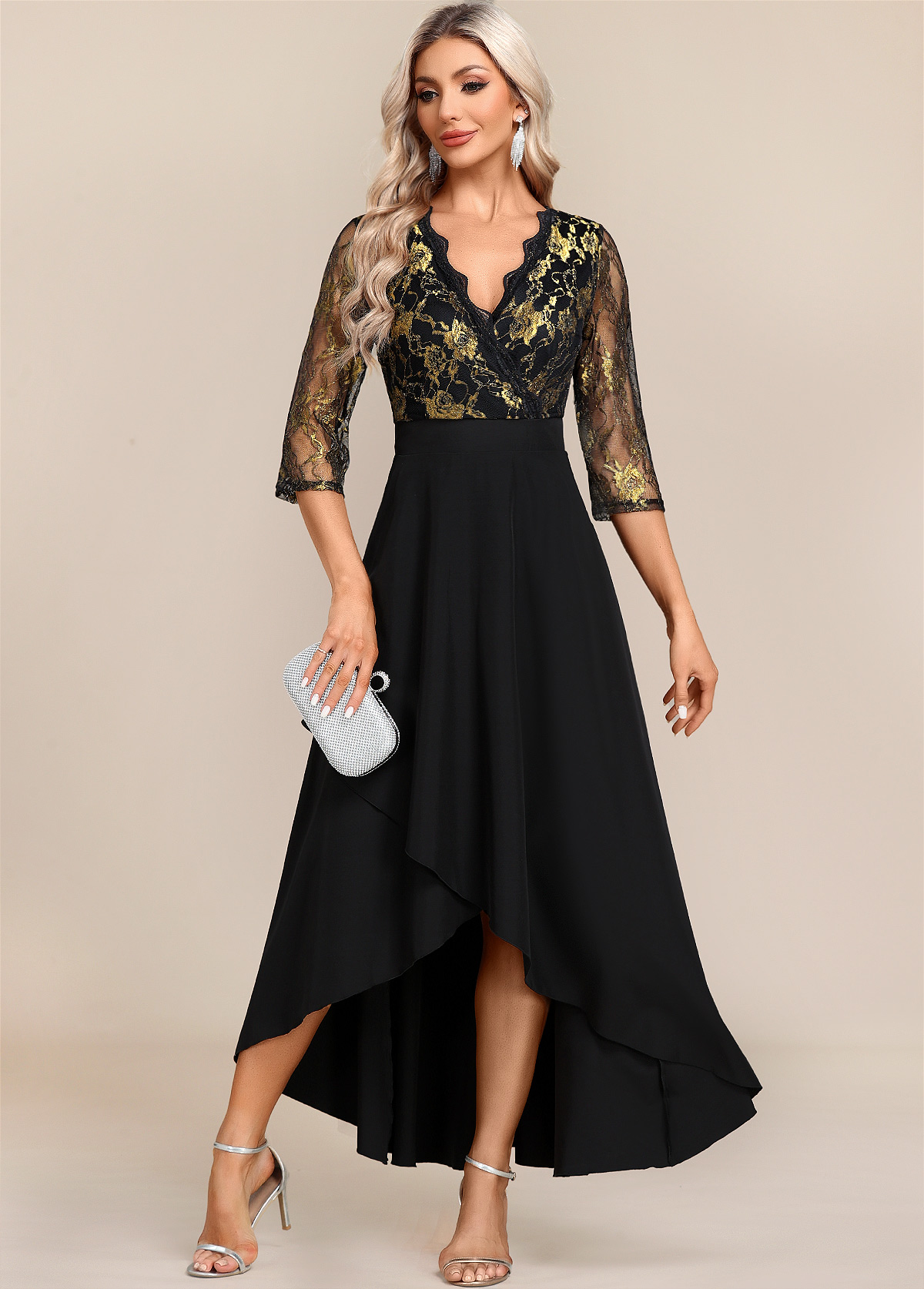 Black dresses,Floral dresses,Party dresses,Elegant dresses,ROTITA Black Floral Lace Patchwork High Low Dress