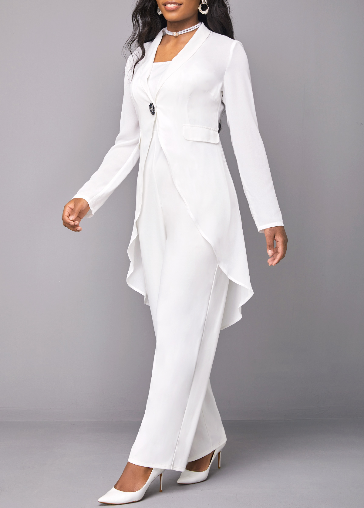 White jumpsuits&rompers,Plain Color jumpsuits&rompers,ROTITA Button White Long Straight Leg Lapel Jumpsuit