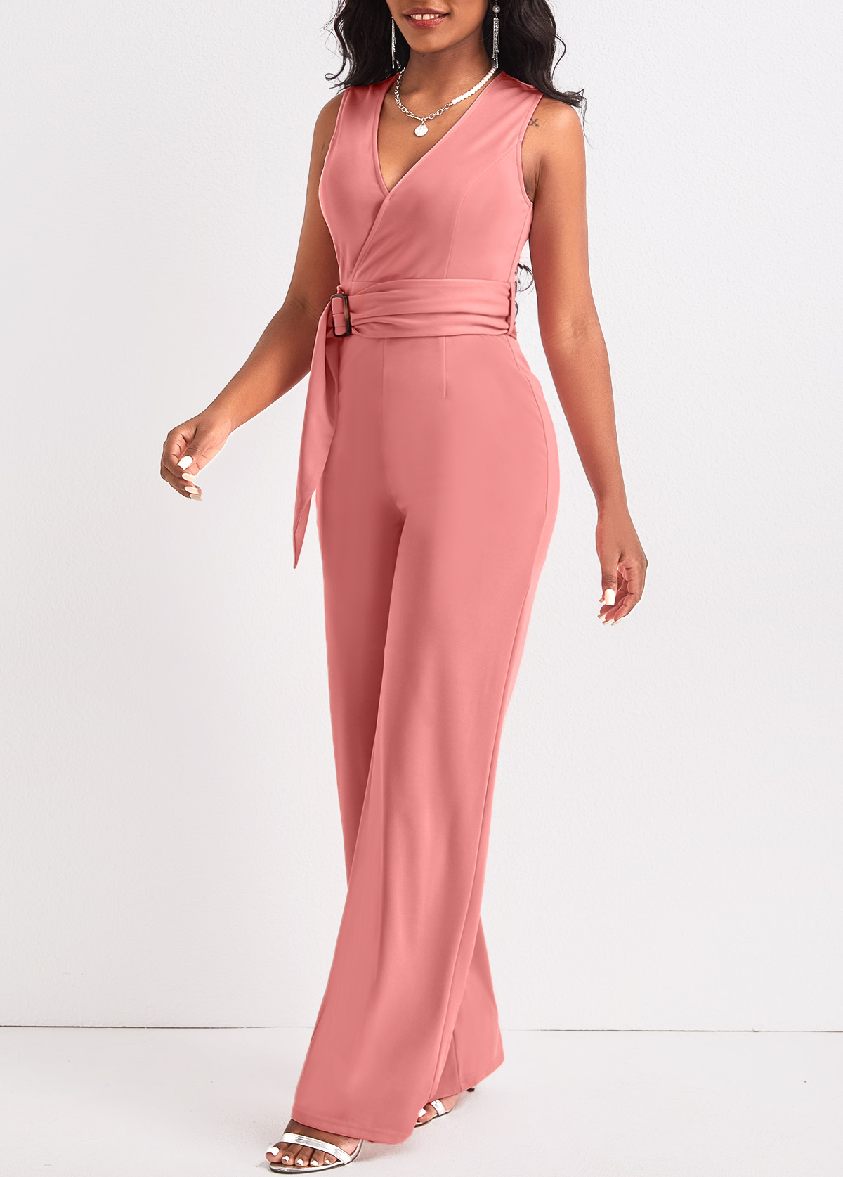 Dusty Pink jumpsuits&rompers,Plain Color jumpsuits&rompers,ROTITA Tie Dusty Pink Belted Long V Neck Jumpsuit