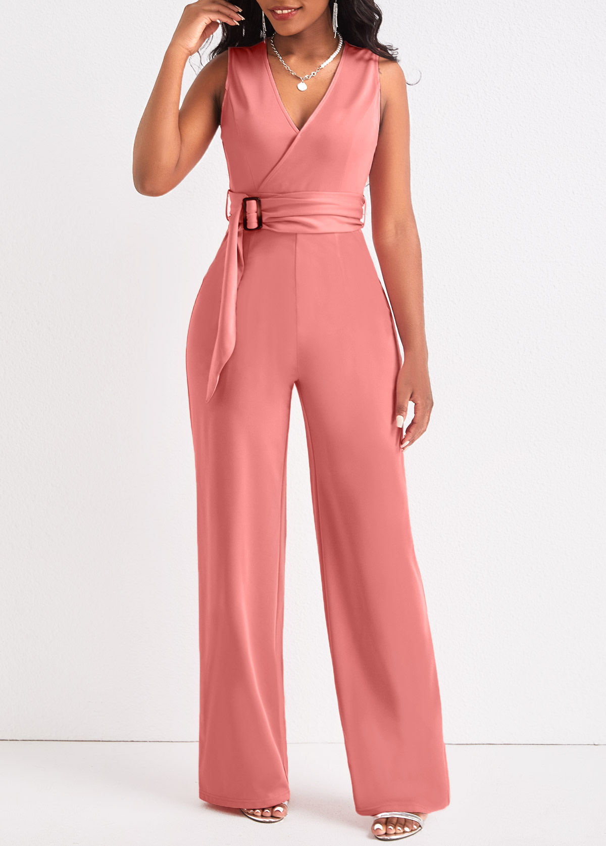 Dusty Pink jumpsuits&rompers,Plain Color jumpsuits&rompers,ROTITA Tie Dusty Pink Belted Long V Neck Jumpsuit