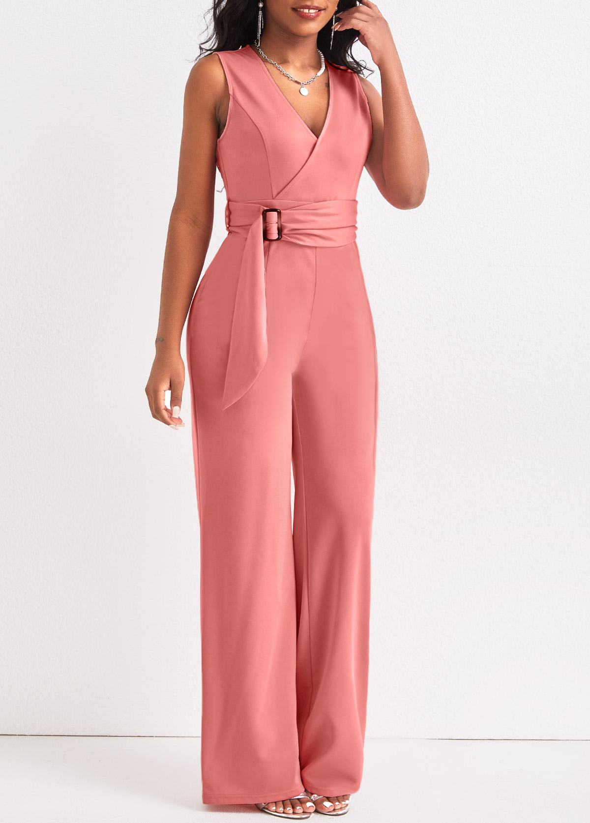 Dusty Pink jumpsuits&rompers,Plain Color jumpsuits&rompers,ROTITA Tie Dusty Pink Belted Long V Neck Jumpsuit