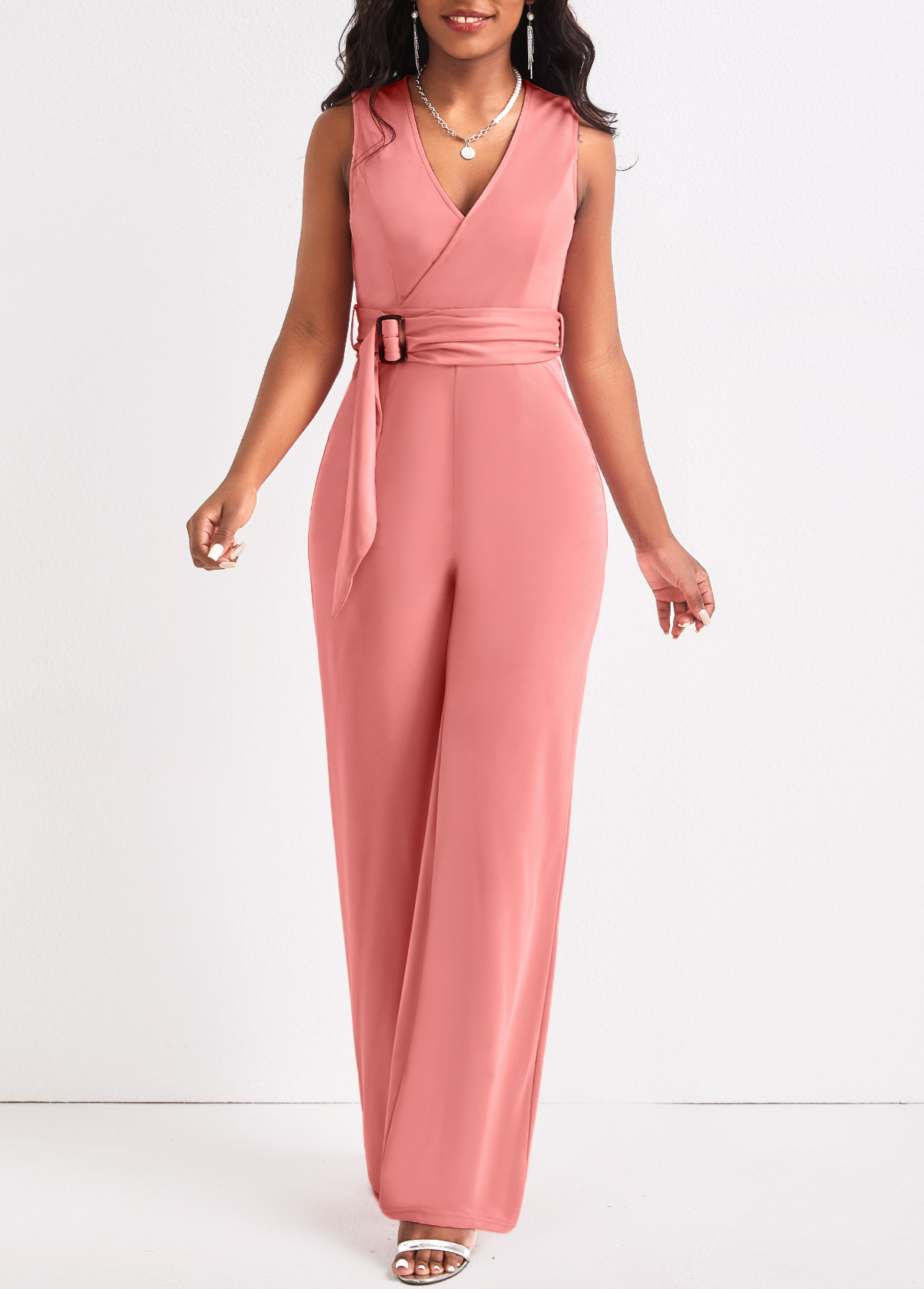 Dusty Pink jumpsuits&rompers,Plain Color jumpsuits&rompers,ROTITA Tie Dusty Pink Belted Long V Neck Jumpsuit