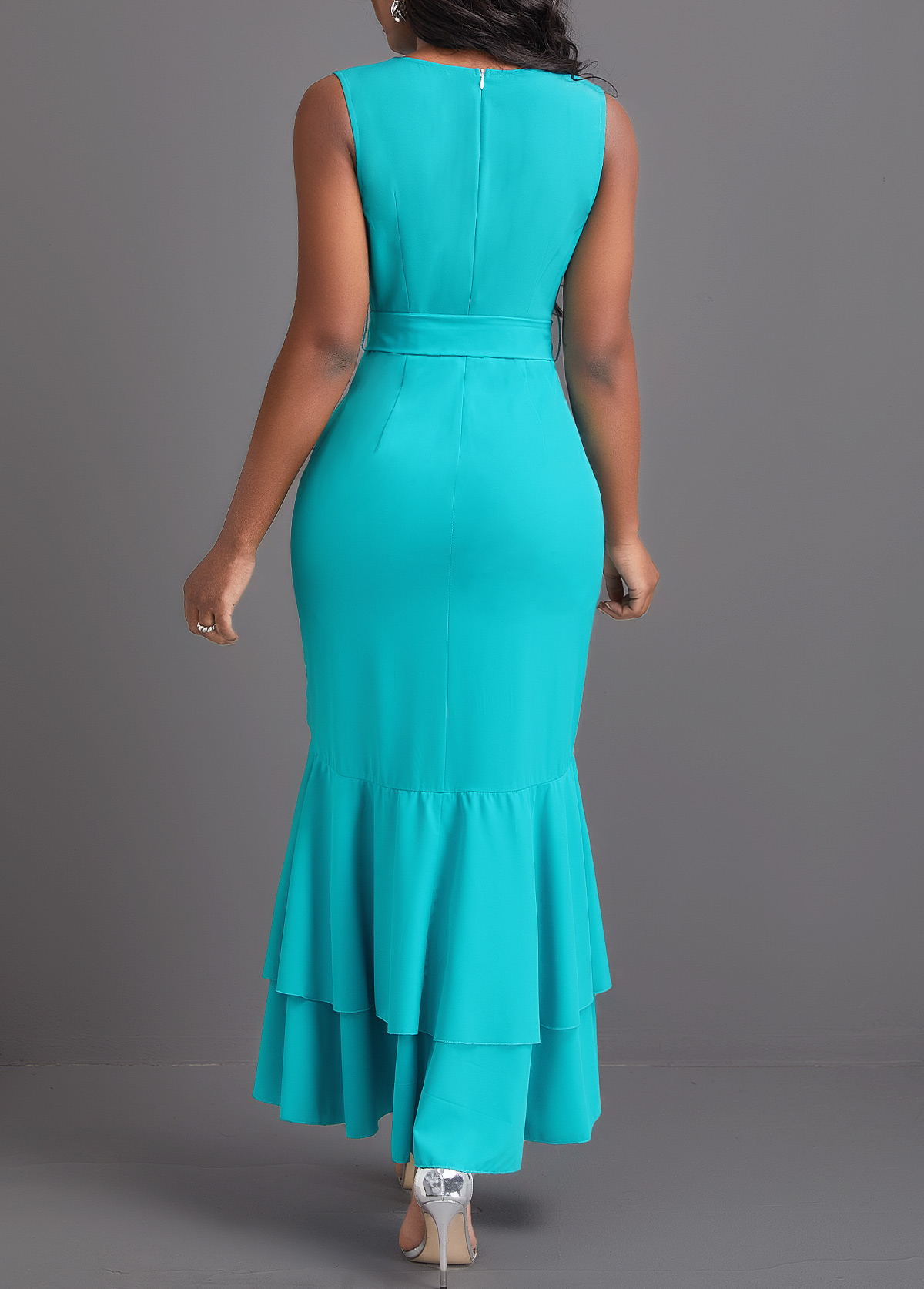 Cyan dresses,Plain Color dresses,Party dresses,Elegant dresses,ROTITA Mermaid Cyan Belted V Neck Sleeveless Bodycon Dress