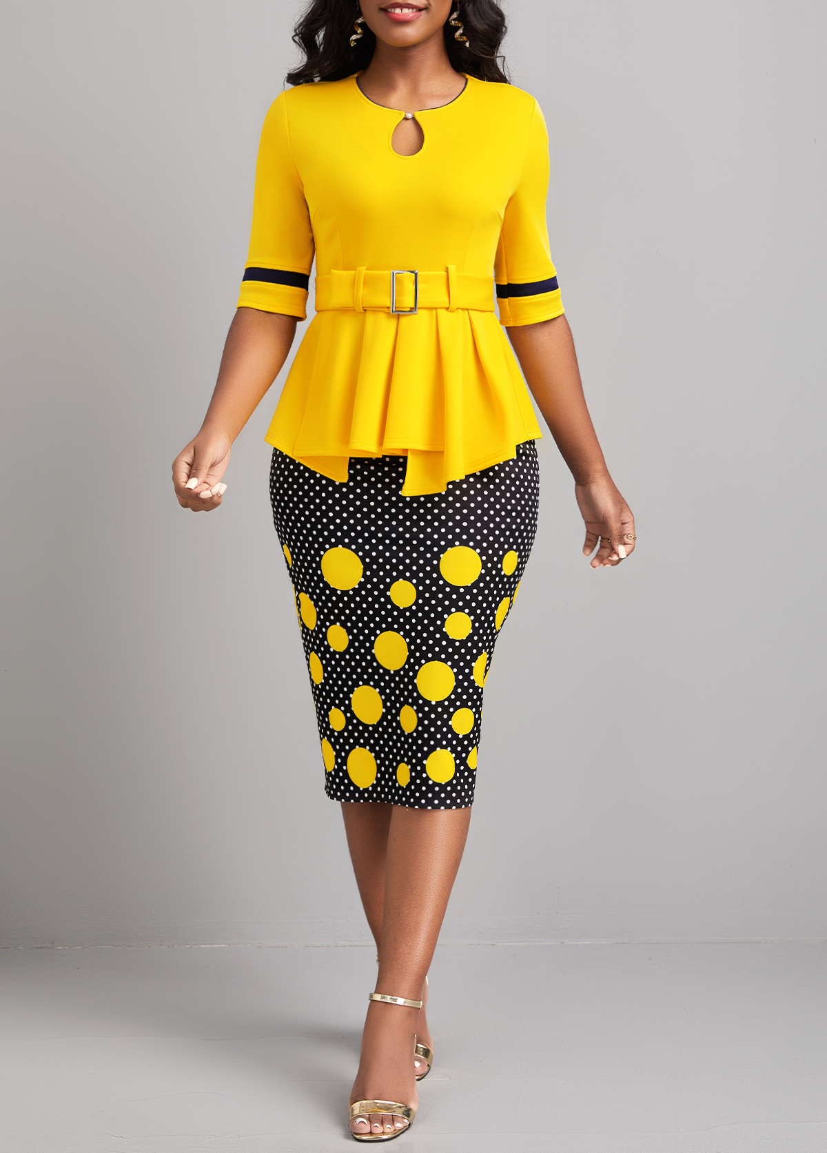 Yellow dresses,Black dresses,Dot dresses,Wear to Work dresses,Work dresses,ROTITA Patchwork Polka Dot Yellow Belted Bodycon Dress