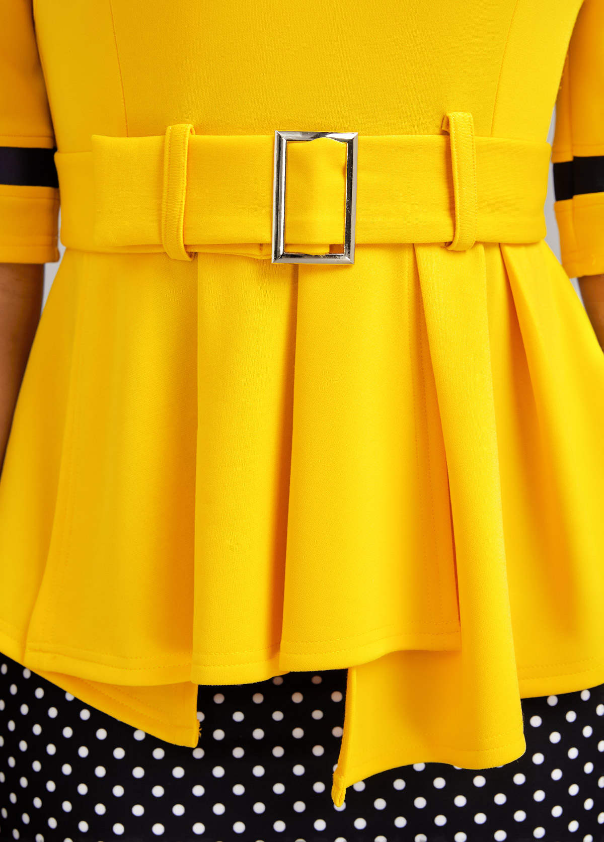 Yellow dresses,Black dresses,Dot dresses,Wear to Work dresses,Work dresses,ROTITA Patchwork Polka Dot Yellow Belted Bodycon Dress