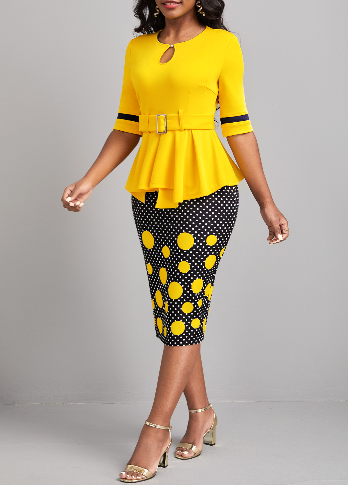 Yellow dresses,Black dresses,Dot dresses,Wear to Work dresses,Work dresses,ROTITA Patchwork Polka Dot Yellow Belted Bodycon Dress