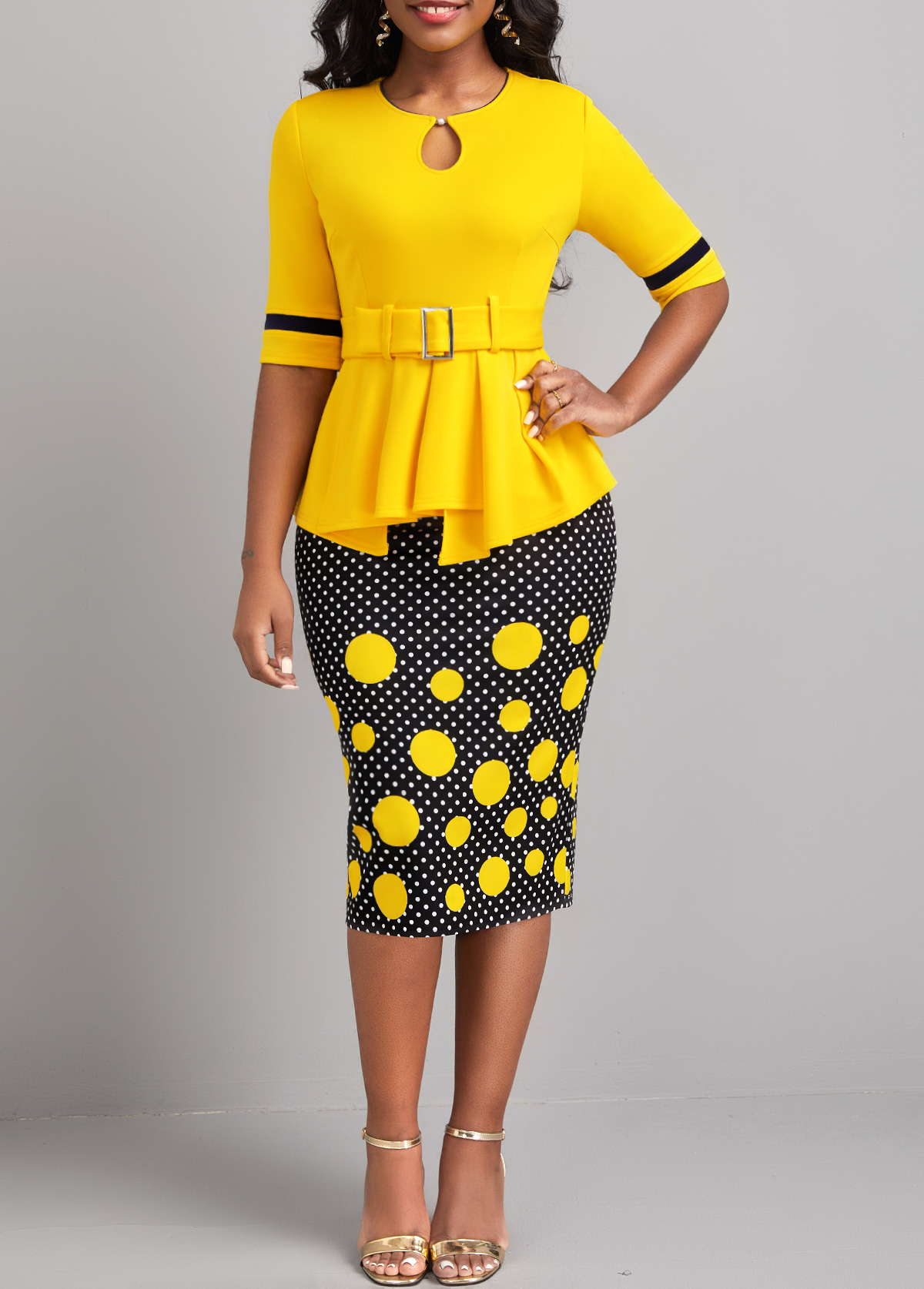 Yellow dresses,Black dresses,Dot dresses,Wear to Work dresses,Work dresses,ROTITA Patchwork Polka Dot Yellow Belted Bodycon Dress