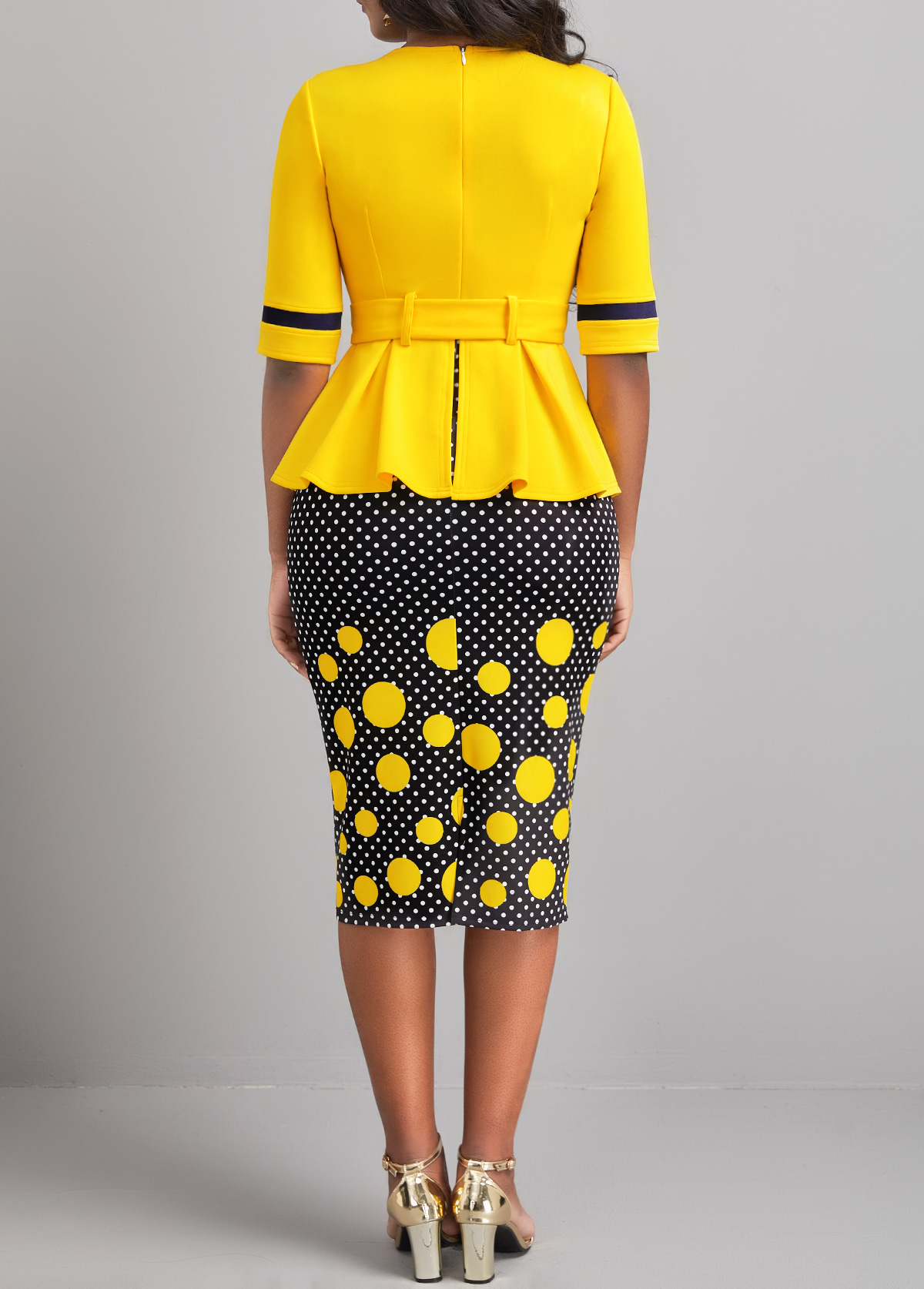 Yellow dresses,Black dresses,Dot dresses,Wear to Work dresses,Work dresses,ROTITA Patchwork Polka Dot Yellow Belted Bodycon Dress