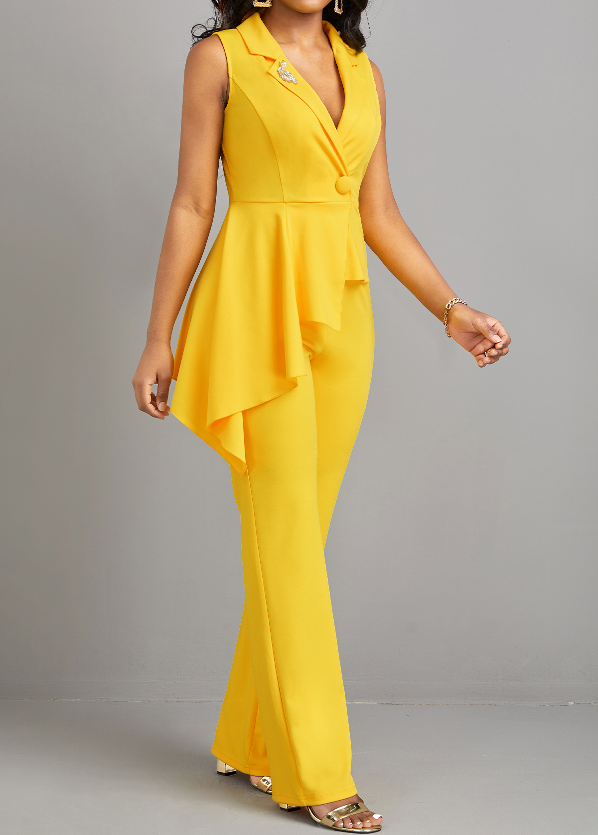 Yellow jumpsuits&rompers,Plain Color jumpsuits&rompers,ROTITA Button Detail Asymmetric Patchwork Yellow Jumpsuit