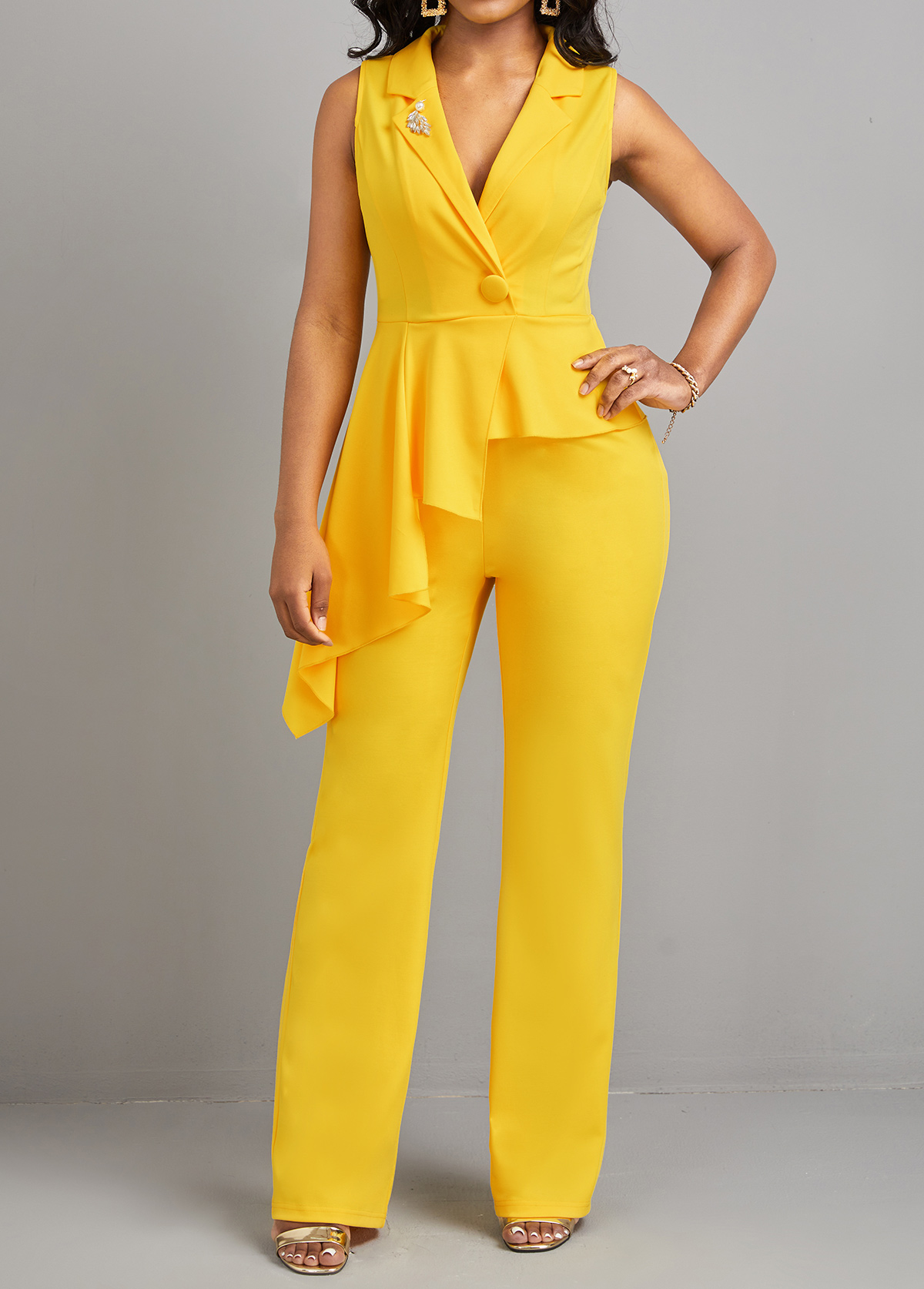 Yellow jumpsuits&rompers,Plain Color jumpsuits&rompers,ROTITA Button Detail Asymmetric Patchwork Yellow Jumpsuit