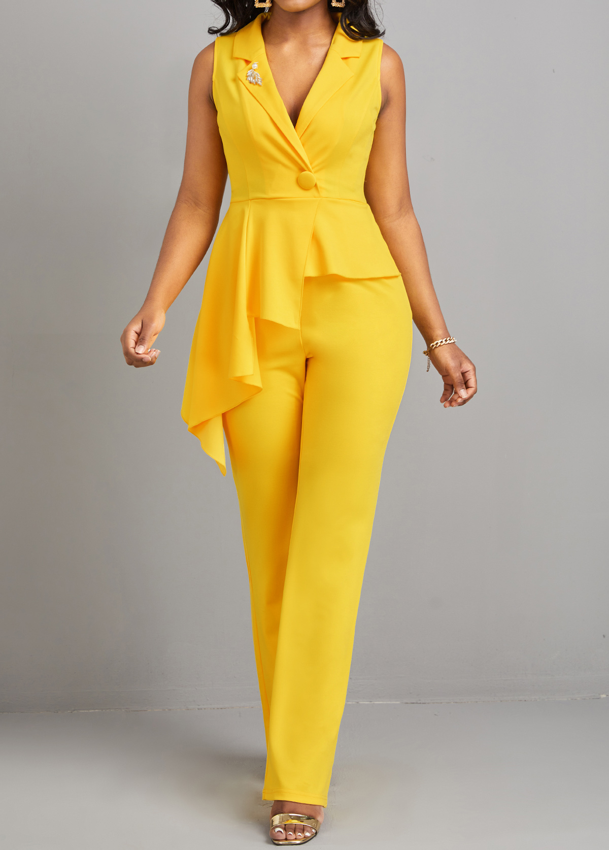 Yellow jumpsuits&rompers,Plain Color jumpsuits&rompers,ROTITA Button Detail Asymmetric Patchwork Yellow Jumpsuit