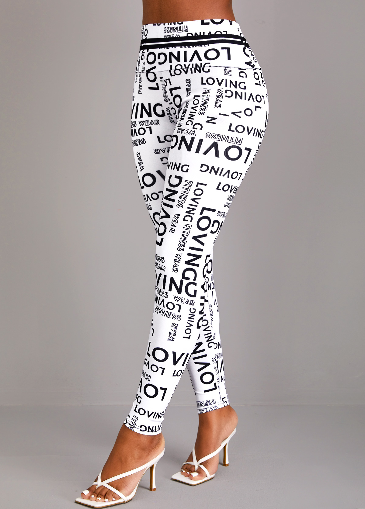 White bottoms,Letter bottoms,Letter Print White High Waisted Elastic Waist Leggings