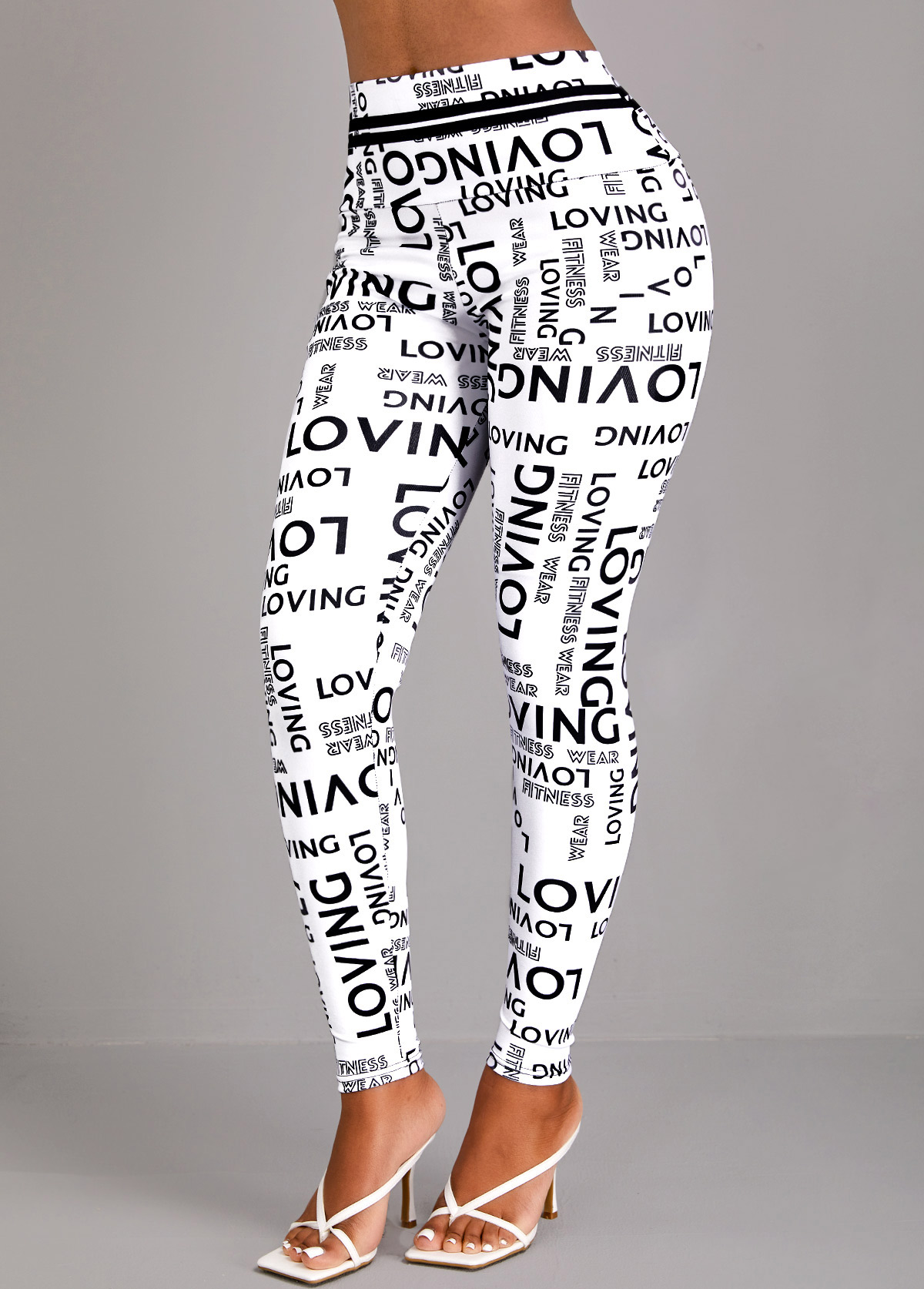 White bottoms,Letter bottoms,Letter Print White High Waisted Elastic Waist Leggings