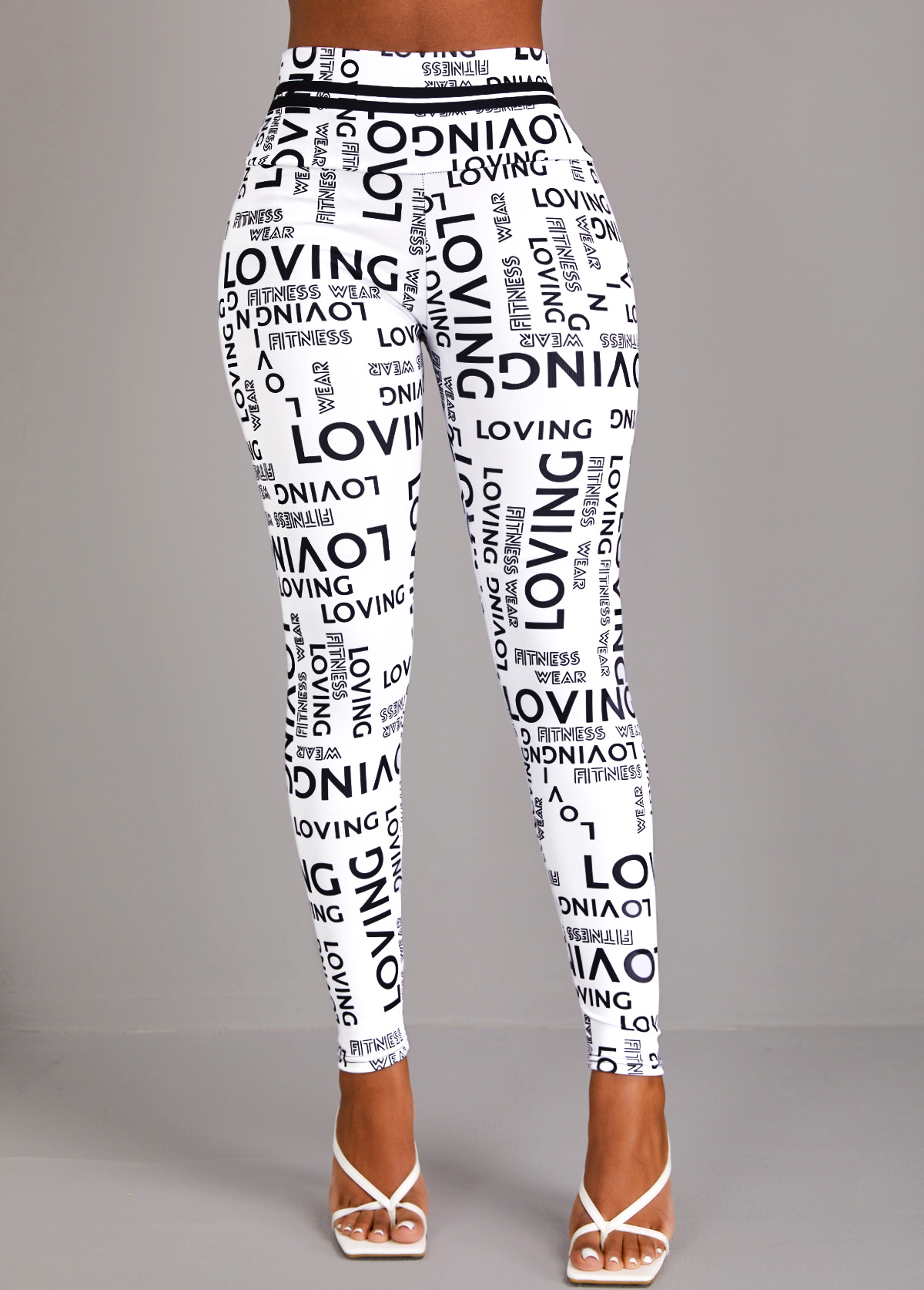 White bottoms,Letter bottoms,Letter Print White High Waisted Elastic Waist Leggings