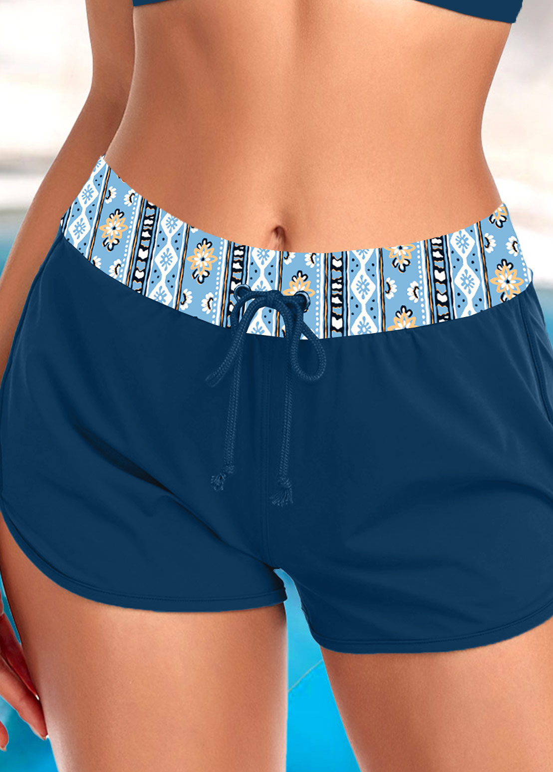 Peacock Blue swimwear,Geometric swimwear,Floral swimwear,ROTITA Peacock Blue Geometric Print Mid Waisted Swim Shorts