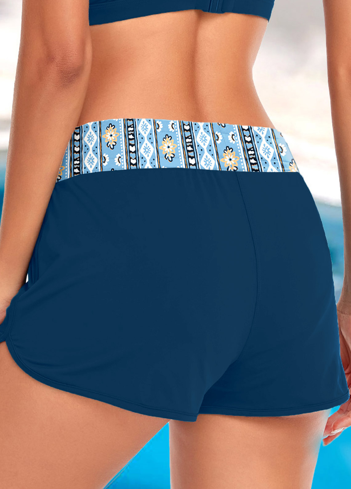 Peacock Blue swimwear,Geometric swimwear,Floral swimwear,ROTITA Peacock Blue Geometric Print Mid Waisted Swim Shorts
