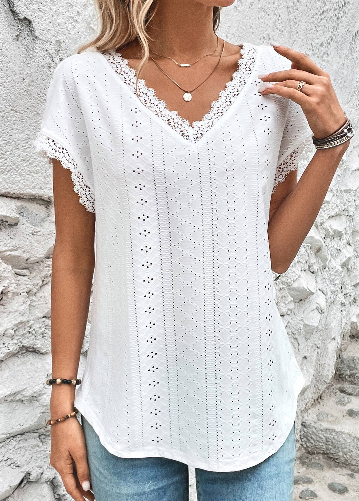 White tops,Plain Color tops,ROTITA Lace White V Neck Short Sleeve T Shirt