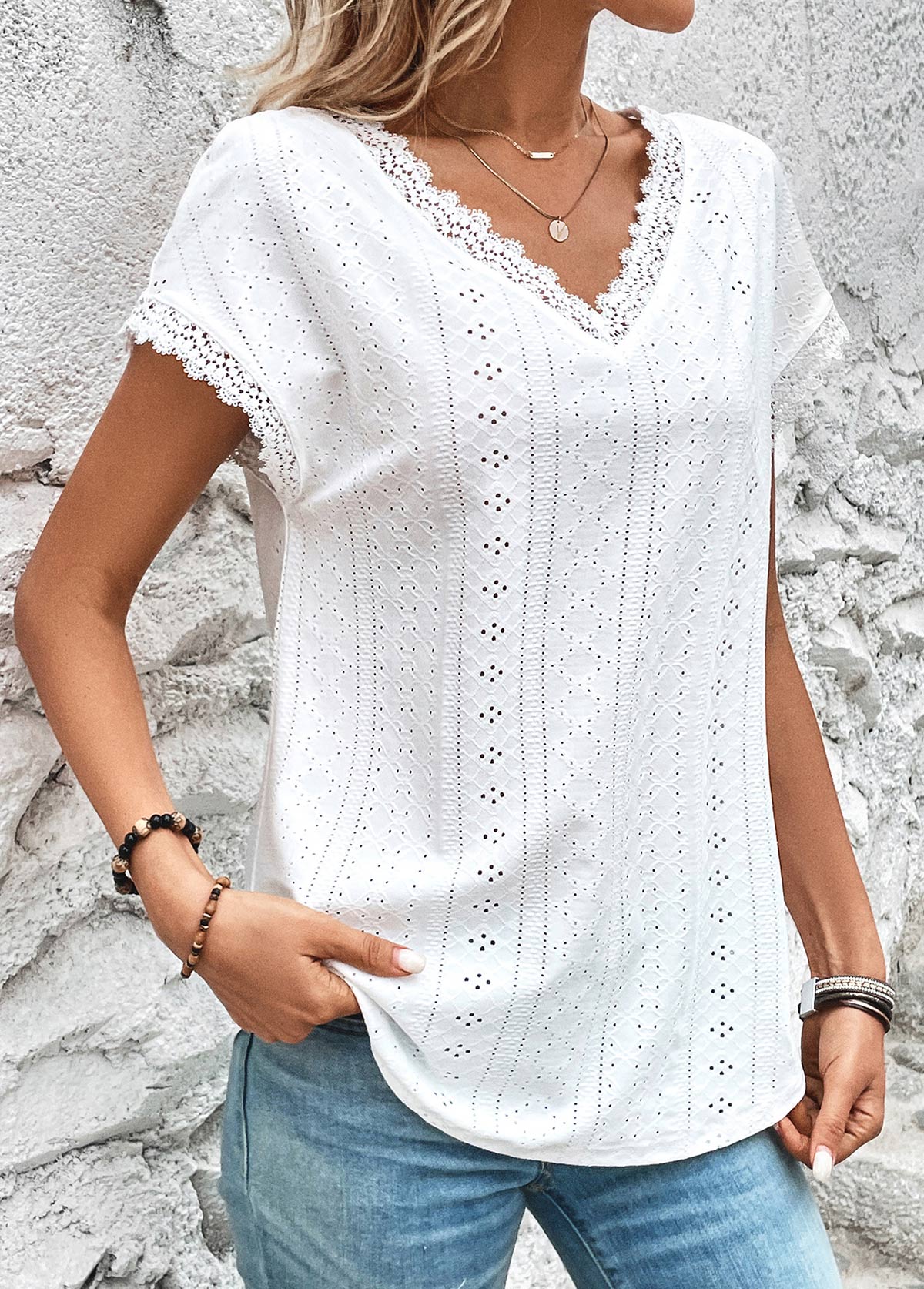 White tops,Plain Color tops,ROTITA Lace White V Neck Short Sleeve T Shirt