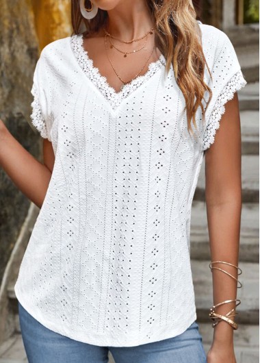 White tops,Plain Color tops,ROTITA Lace White V Neck Short Sleeve T Shirt