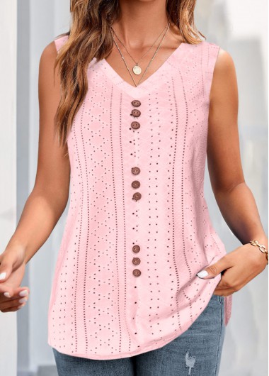 Pink tops,Plain Color tops,ROTITA Button Pink V Neck Tank Top