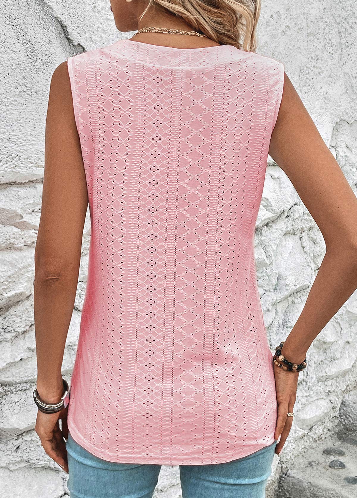 Pink tops,Plain Color tops,ROTITA Button Pink V Neck Tank Top