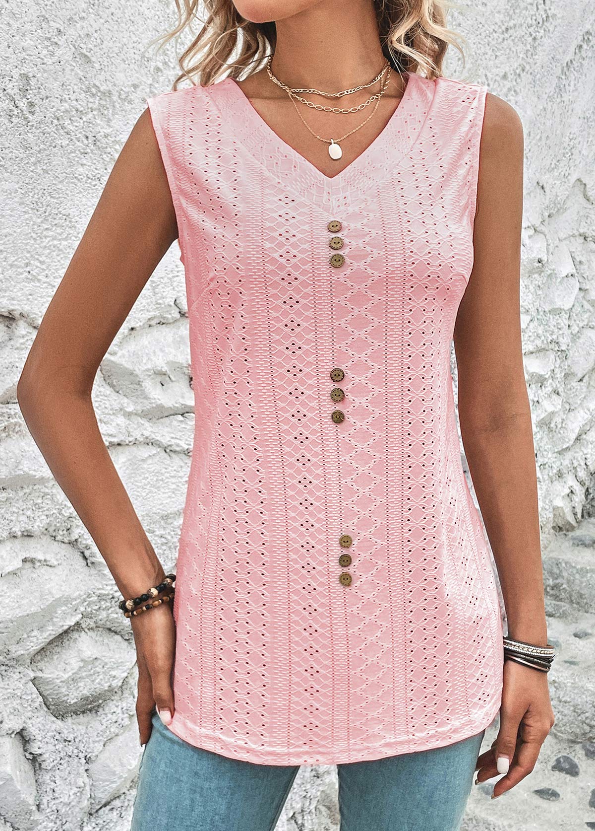 Pink tops,Plain Color tops,ROTITA Button Pink V Neck Tank Top
