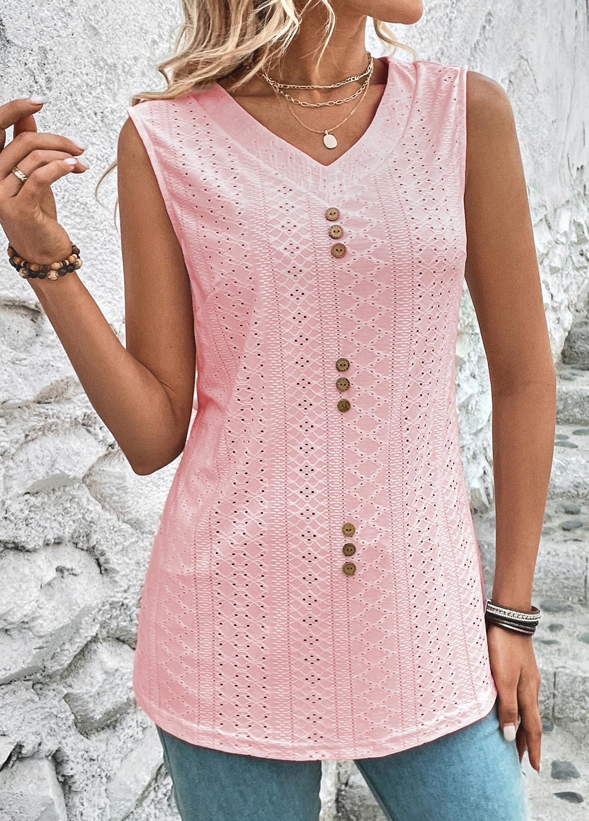 Pink tops,Plain Color tops,ROTITA Button Pink V Neck Tank Top