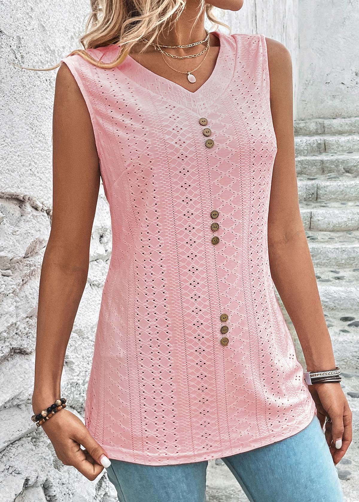Pink tops,Plain Color tops,ROTITA Button Pink V Neck Tank Top