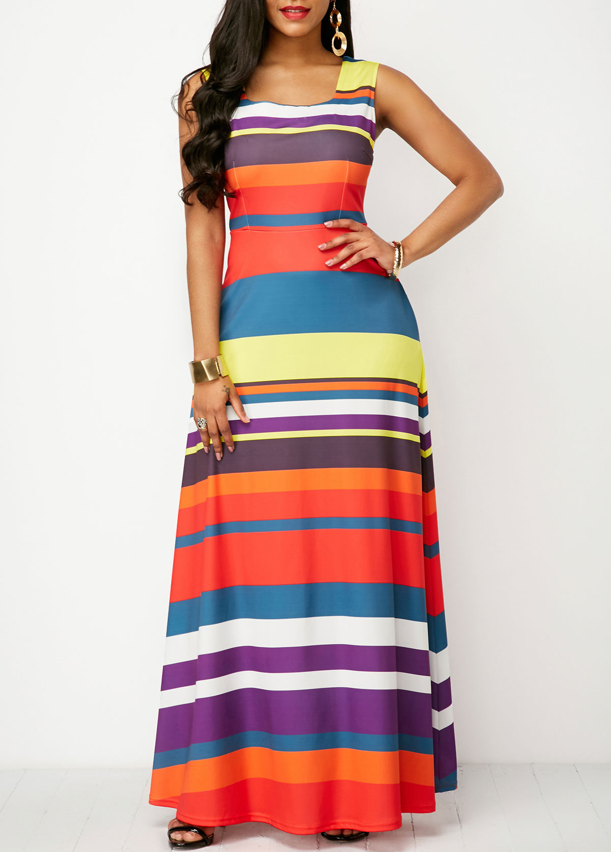 Multi Color dresses,Rainbow Color dresses,Striped dresses,Geometric dresses,Vacation dresses,Vacation dresses,ROTITA Pocket Striped Multi Color Square Neck Maxi Dress