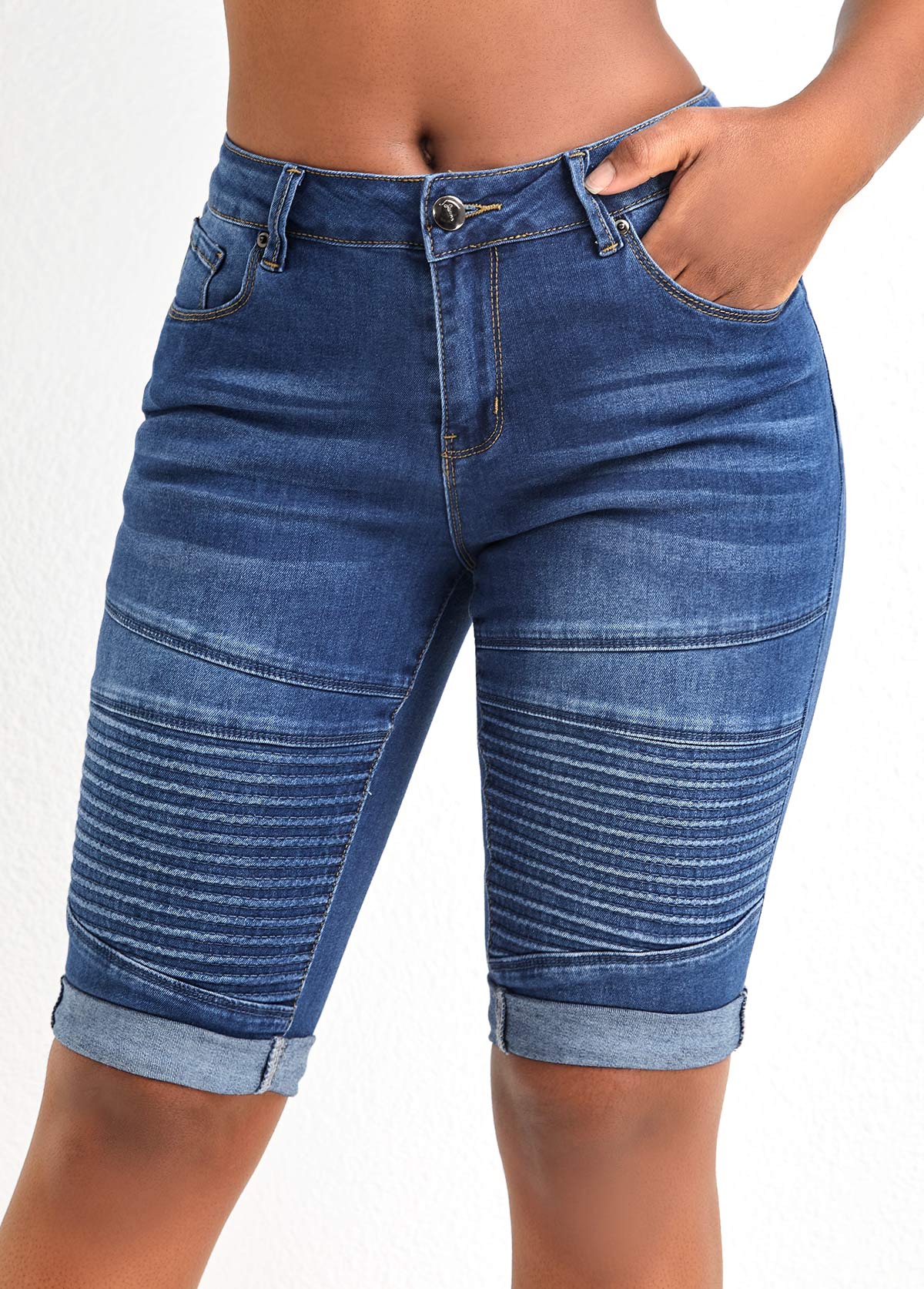Dark Blue bottoms,Plain Color bottoms,Pocket Dark Blue Skinny Zipper Fly Shorts