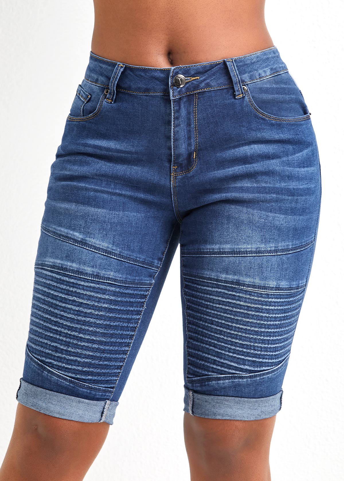Dark Blue bottoms,Plain Color bottoms,Pocket Dark Blue Skinny Zipper Fly Shorts