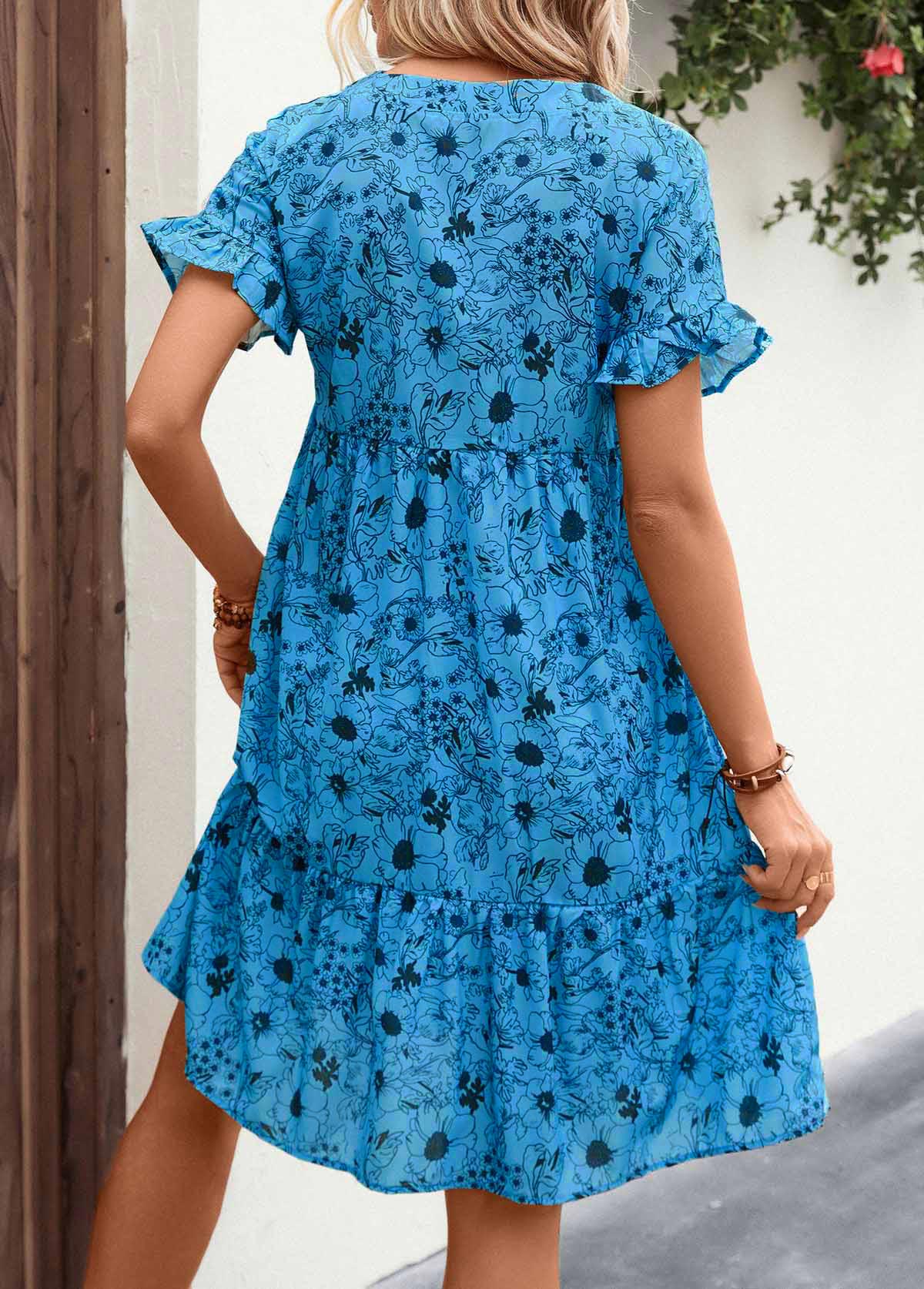 Neon Blue dresses,Floral dresses,Everyday dresses,Casual dresses,ROTITA Frill Button Detail Floral Print Neon Blue Dress