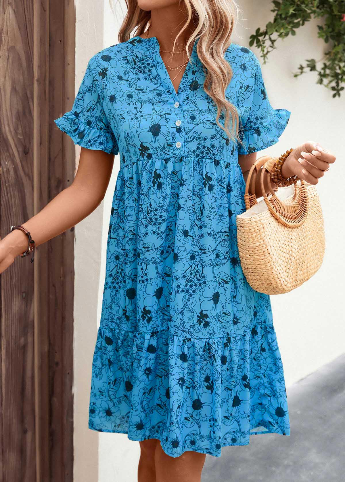 Neon Blue dresses,Floral dresses,Everyday dresses,Casual dresses,ROTITA Frill Button Detail Floral Print Neon Blue Dress