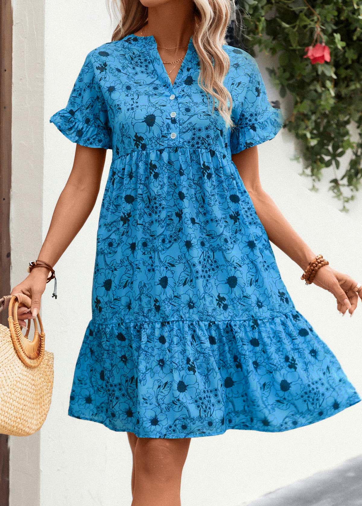 Neon Blue dresses,Floral dresses,Everyday dresses,Casual dresses,ROTITA Frill Button Detail Floral Print Neon Blue Dress
