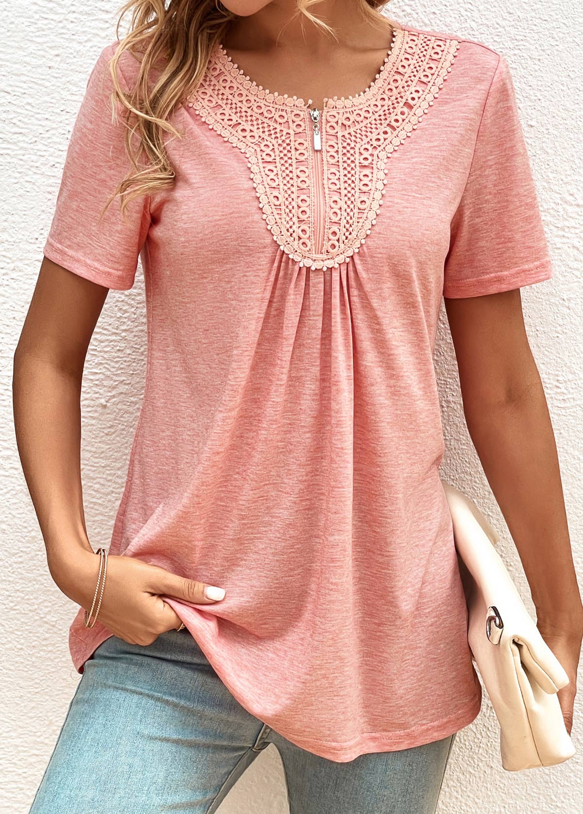 Pink tops,Plain Color tops,ROTITA Zipper Pink Round Neck Short Sleeve T Shirt