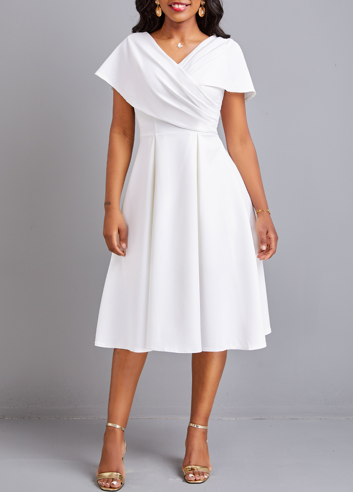 White dresses,Plain Color dresses,Party dresses,Elegant dresses,ROTITA Plus Size White V Neck Short Sleeve Dress