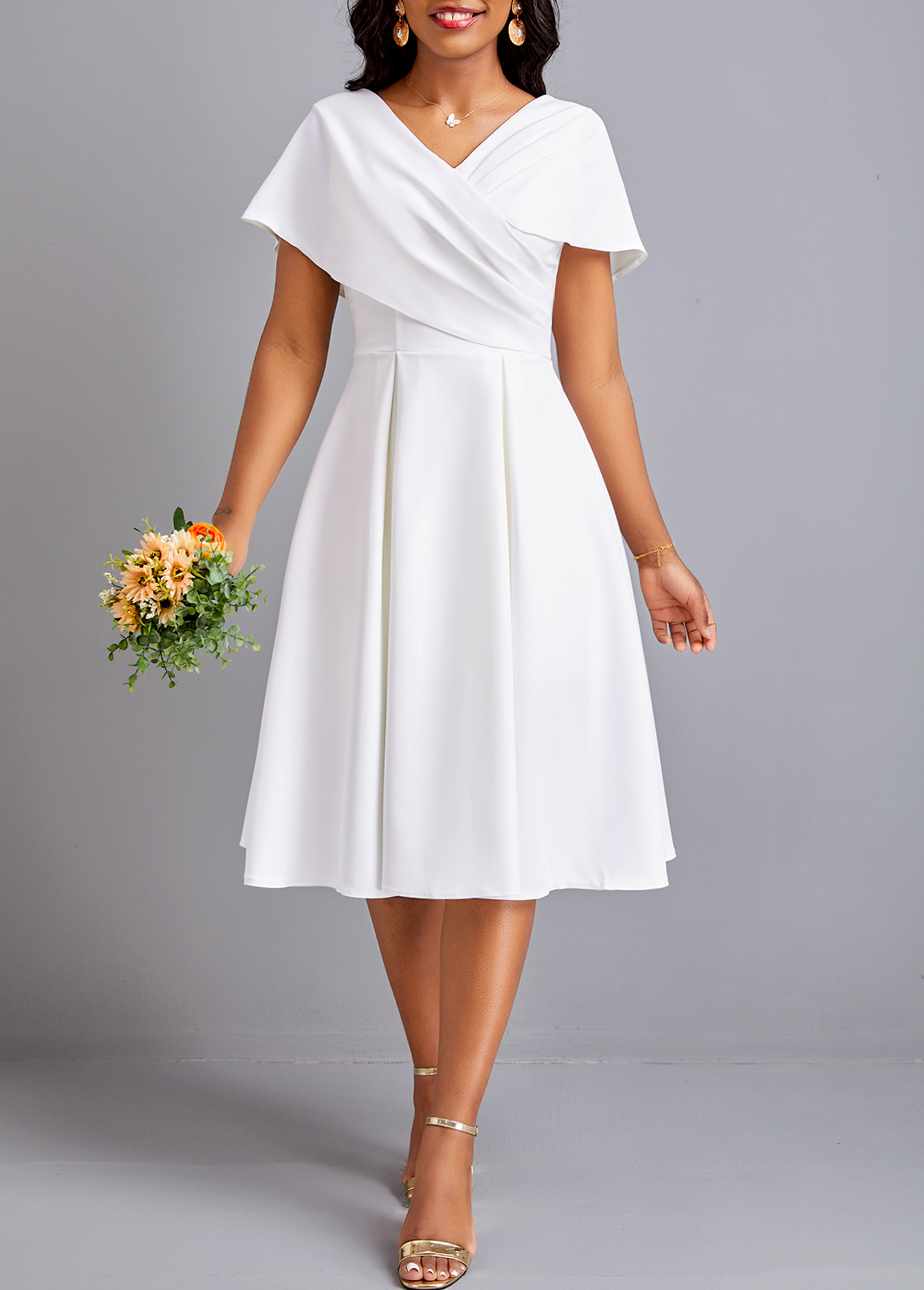 White dresses,Plain Color dresses,Party dresses,Elegant dresses,ROTITA Plus Size White V Neck Short Sleeve Dress