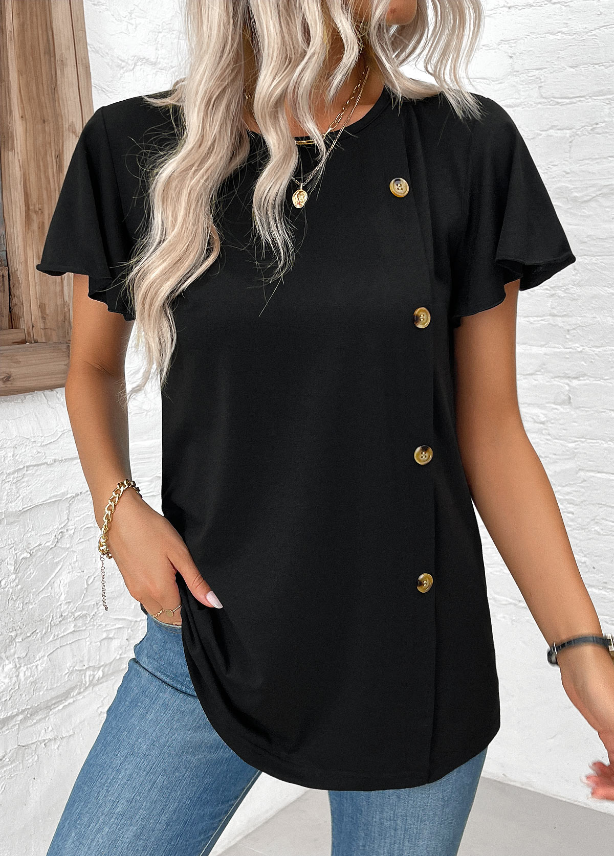 Black tops,Plain Color tops,ROTITA Button Black Round Neck Short Sleeve T Shirt