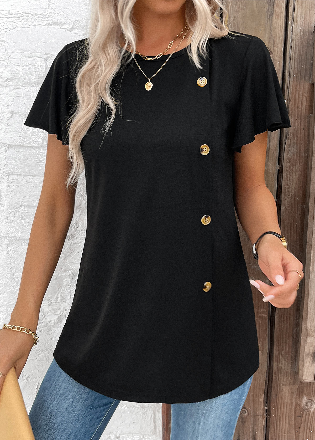 Black tops,Plain Color tops,ROTITA Button Black Round Neck Short Sleeve T Shirt