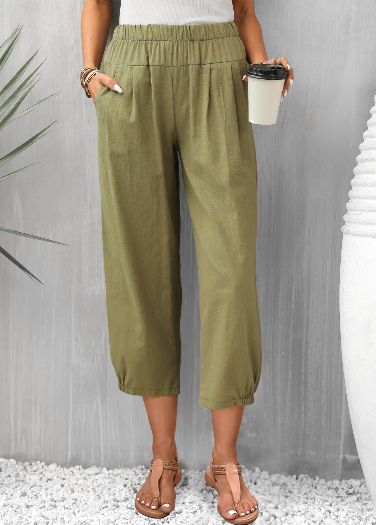 Olive Green bottoms,Plain Color bottoms,Pocket Olive Green Regular Elastic Waist Pants